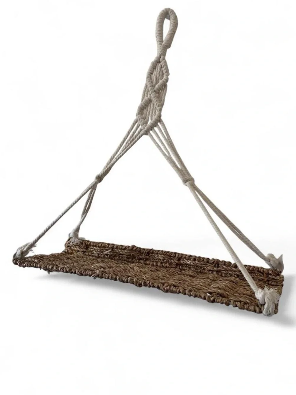15” Rustic Boho Natural Seagrass Hanging Shelf Woven Cotton Triangular Macrame